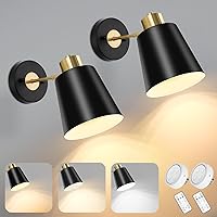 Battery Operated Wall Sconces Set of 2, Wireless Wall Lights Dimmable with Remote Control, Indoor Sconce Wall Decor, LED Cordless Black Wall Mounted Lamps for Bedroom Living Room Hallway