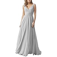 V Neck Long Bridesmaid Dresses Chiffon Formal Wedding Evening Party Gowns