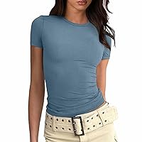 Women Casual Basic Going Out Crop Top Slim Fitted Short Sleeve Crew Neck Tight T Shirts Off Shoulder Y2K Tshirt Tunic