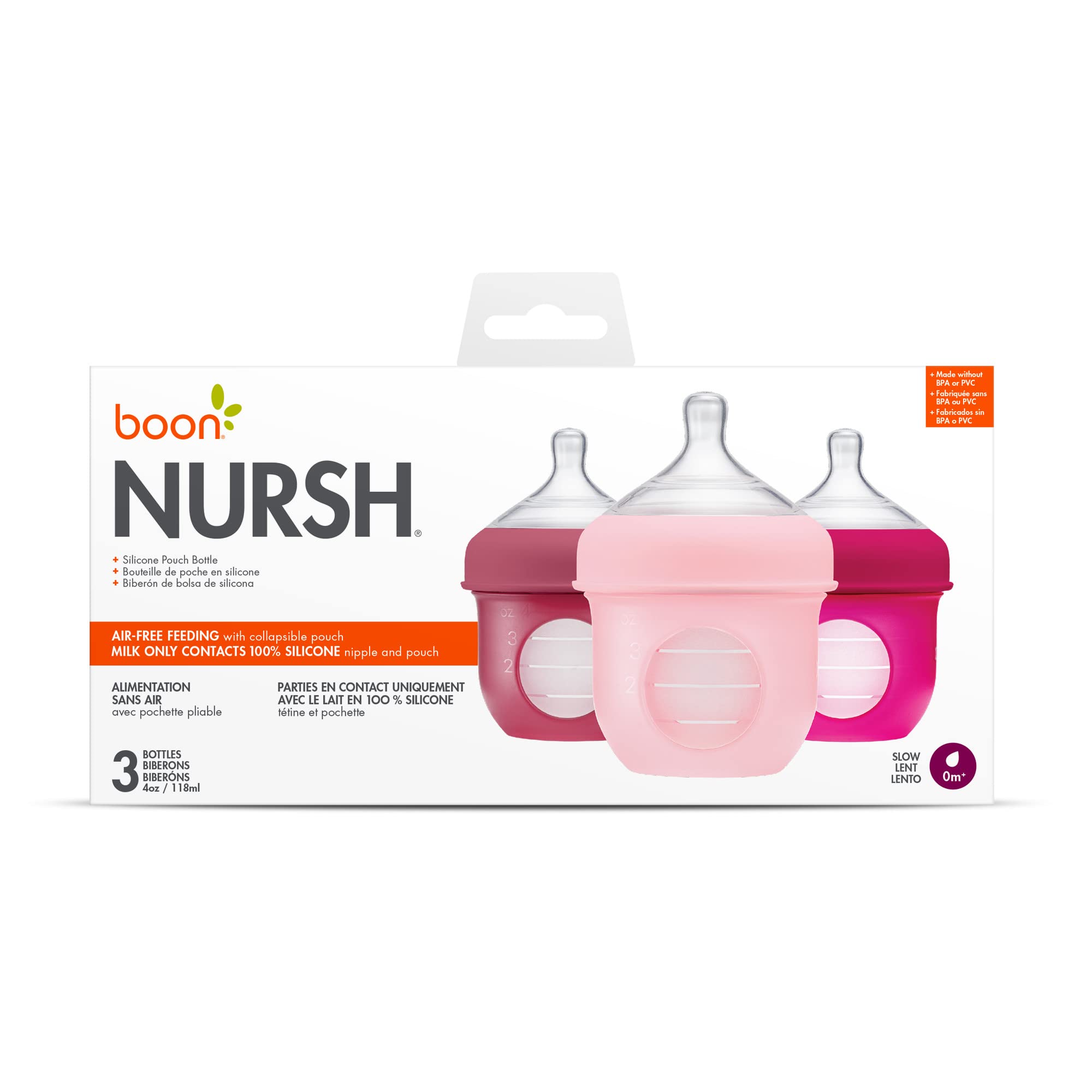 Boon NURSH Reusable Silicone Baby Bottles with Collapsible Silicone Pouch Design — Everyday Baby Essentials — 3 Count — Stage 1 Slow Flow — 4 Oz — Pink