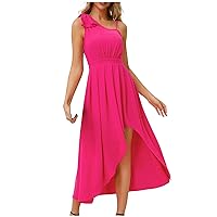 Women's Solid Sleeveless Midi Dress Sexy Sundress Boho Summer Beach Long Dress High Low Hem Smocked Dress Women