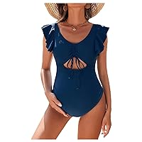 MakeMeChic Women's Maternity One Piece Swimsuit Cutout Ruffle Drawstring Pregnancy Bathing Suits Push Up Swimwear