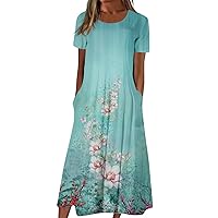 Dresses for Women 2024 Summer Casual Fashion Flower Printed Short Sleeve Round Neck Dress with Pocket