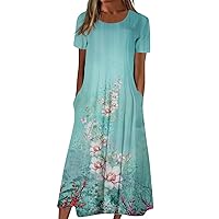 Plus Size Summer Dress 2024 Womens Short Sleeve Boho Floral Tshirt Dress Casual Loose Beach Vacation Midi Dresses