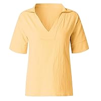 Plus Size Womens Deep V Neck Tunic Tops Cotton Linen Short Sleeve Loose T-Shirts Summer Casual Fashion Stand Collar Blouses