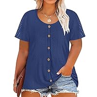 RITERA Plus Size Tops for Women Crewneck/V Neck Button Up Short Sleeve Embroidery 5X Henley Tshirt Casual Blouse XL-5XL