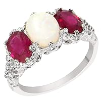 925 Sterling Silver Real Genuine Opal and Ruby Womens Band Ring