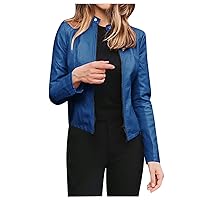Zip Up Faux Leather Bomber Coats, Crop Long Sleeve Trending Coat Women Winter Office Scoop Neck Solid Zipper