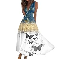 Womens Cute Animal Printed Casual Summer Sundress Sleeveless Wrap Sexy Butterfly Print Long Beach Dress