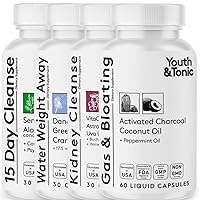 Youth & Tonic Diuretic Full Body Cleanse Detox Pills and Activated Liquid Charcoal for Bloating, Puffiness, Swelling, System Flush for Colon, Kidney, Liver and Stomach Detoxing