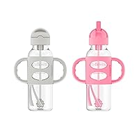 Milestones Narrow Sippy Straw Bottle, Spill-Proof with 100% Silicone Handles and Weighted Straw, 8 oz/250 mL, Gray & Pink, 6m+