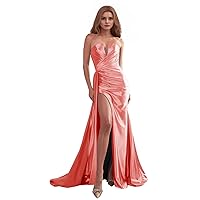 Prom Dress Long Formal Dresses for Women Strapless Satin Evening Dresses with Slit Evening Prom Gown Sleeveless