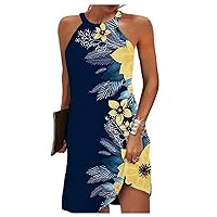 Womens Halter Dress Casual Floral Print Hollow Out Halter Neck A-line Sundresses for Beach Holiday