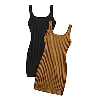 SHENHE Women's 2Pcs Basic Solid Ribbed Tank Dress Scoop Neck Sleeveless Bodycon Mini Dress