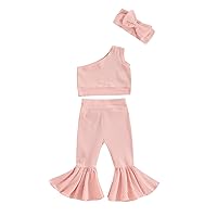 Toddler Baby Girl Clothes Solid Color One Shoulder Ribbed Tank Top Flare Pants Headband Set 3Pcs Summer Outfits