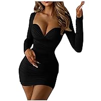 Women's Long Sleeve Sweetheart Neck Bustier Bodycon Dress Sexy V Neck Ruched Stretchy Bodycon Mini Party Cocktail Dress Solid Color/Tie Dye Clubwear(Black XXL)