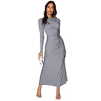 Floerns Women's Solid Boat Neck Long Sleeve Ruched Side Party A Line Long Dress