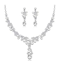 Kamise Silver Jewellery Sets for Women, Silver Pendant Necklace and Earring Sets for Bridal, White Gold Plated Jewellery Sets with Terdrop Rhinestone & Pearl Gift for Wedding Anniversary with Gift Box