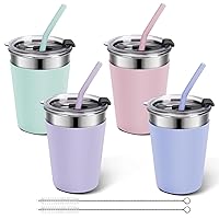 4 Pack Kids Cups with Straws and Lids, 12oz Unbreakable Stainless Steel Cups with Lids and Straws for Kids, Toddler Cups Spill Proof for Cold Drinks & Hot Drinks