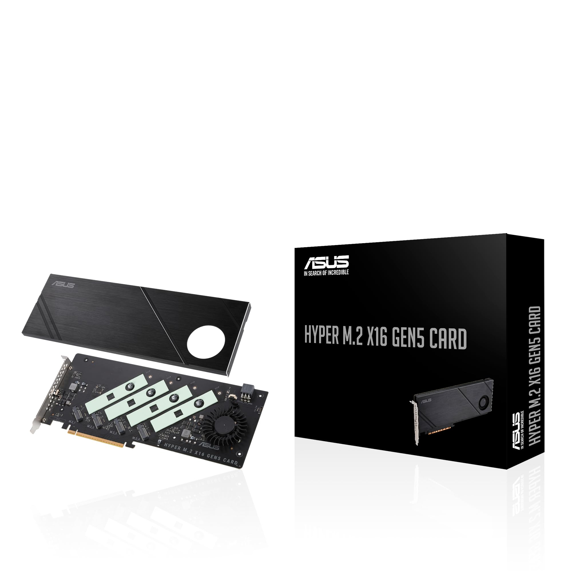 ASUS Hyper M.2 x16 Gen5 Card (PCIe 5.0/4.0) Supports Four NVMe M.2 (2242/2260/2280/22110) Devices up to 512 Gbps for AMD and Intel® Platform RAID Functions.
