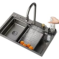 Kitchen Sinks, Stainless Steel Sink with Faucet Large Size Kitchen Sink Single Bowl Sink with Cup Washer Sink Includes Accessories/Black/78 * 47.5Cm