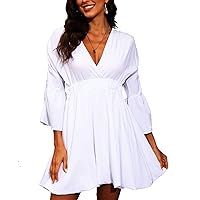 Volemo Flowy Dress for Women Fit and Flare Cute Bell Sleeve Party Sundress V Neck Short Dresses
