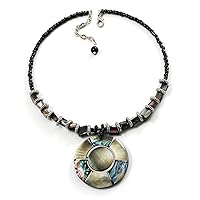 Avalaya Jet Black Glass, Shell & Mother of Pearl Medallion Choker Necklace (Silver Tone)