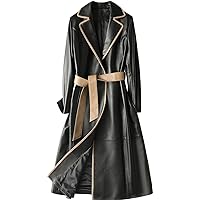 Women’s Black Genuine Sheepskin Trench Coat Wide Notched Collar Beige Piping Belt Kimono Leather Trench Coat