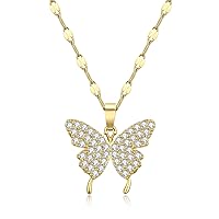 Butterfly Necklace for Women - Fairy Cubic Zirconia Butterfly Pendant Necklaces Titanium Steel (Gold)