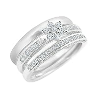 Round Cut White Diamond in 925 Sterling Silver 14K White Gold Over Diamond Flower Engagement Wedding Trio Ring Set for Him & Her