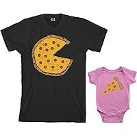 Threadrock Pizza Pie & Slice Infant Bodysuit & Men's T-Shirt Matching Set (Baby: 6M, Pink|Men's: L, Black)