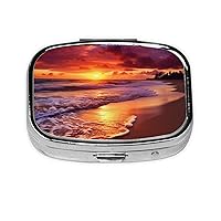 Beautiful Beach Sunset Print Pill Box Square Pill Case 2 Compartment Small Metal Medicine Organizer Portable Travel Pillbox for Pocket Purse Cute Mini Pill Container to Hold Daily Vitamins