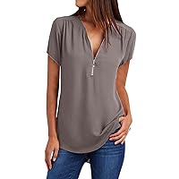 Women's Zip Front Chiffon Shirts V-Neck Short Sleeve Work Casual Top Elegant Solid Color Business Blouse Tshirt Gray