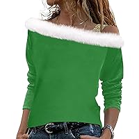 Christmas Shirts for Women Off Shoulder One Shoulder Long Sleeve Casual Shirts Christmas Print Top Tunic Blouse Tshirt