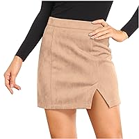 Womens A-Line Suede Skirts Split Hem Elegant Office Skirts Bodycon Casual Winter Short Mini Skirt Solid Color Pencil Skirt