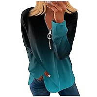 Long Sleeve Shirts for Women Zipper Round Neck Fashion Blouses Shirt Casual Long Sleeve Tops