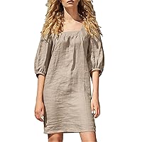 Cute Summer Dress for Women Pleated Square Neck Puff Half Sleeve Cotton and Linen Causal Dress Baggy Knee Length Dress