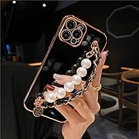 Plating Pearl Bracelet Phone Chain Soft Case for iPhone 14 13 Pro Max 12 11 Mini XR XS X 7 8 Plus,Black,for iPhone 12 ProMax