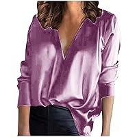 Satin Blouses for Women 2024 Button Down Silky Shirts V Neck Long Sleeve T Shirt Casual Loose Office Work Tops