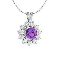 1.50 CT Round Cut Simulated Amethyst & Cubic Zirconia Halo Pendant Necklace 14k White Gold Over