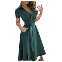 Women's Summer Dresses 2024 Fashion Casual Lapel Solid Color Seven-Part Sleeve Long Dresses Homecoming, S-2XL
