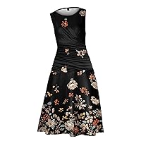 Dresses for Women 2024 Summer Fashion Round Neck Printed Sleeveless Large Swing Dress with Pockets