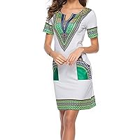 Spring Dress Plus Size Women,Ladies National Style Printed V Neck Short Sleeved Lightweight and Comfortable Siz