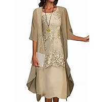 Two Piece Dress for Women Wedding Guest Dress with Cardigan Chiffon Plus Size 3/4 Sleeve Cocktail Dresses