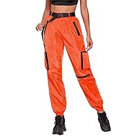 Pants for Women Neon Orange Zipper Patch Pocket Push Buckle Belted Wind Joggers MISEV (Color : Orange, Size : X-Small)