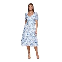 DKNY Womens White Zippered Lined Sheer Tie Belt Elastic Cuffs Floral Pouf Sleeve Surplice Neckline Midi Fit + Flare Dress Petites 4P