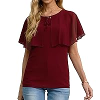 QIXING Womens 2023 Summer Cape Chiffon Flowy Shirt Casual Loose Round Neck Double Layer Elegant Blouses