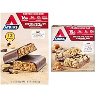 Atkins Chocolate Peanut Butter Protein Meal Bar with Almond Caramel Bar, High Fiber, Gluten Free, Keto-Friendly, Low Carb, 12 Count and 5 Count