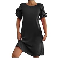 Summer Dresses for Women 2024 Fashion Ruffle Trim Short Sleeve Dress Ladies Going Out Loose Fit Solid Crew Neck Midi Dress
