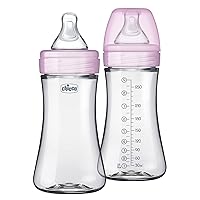 Chicco Duo 9oz. Hybrid Baby Bottle with Invinci-Glass Inside/Plastic Outside 2-Pack with Slow Flow Anti-Colic Nipple - Pink